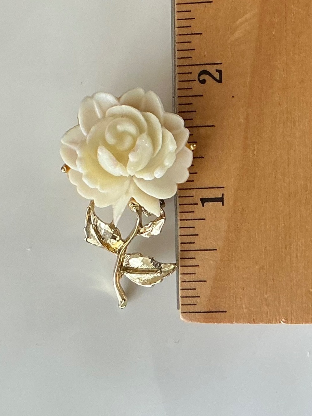 Vintage White Rose Brooch Carved Flower Pin Gold Tone - Picture 5 of 12